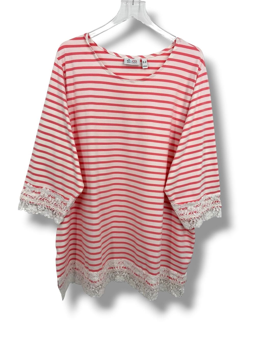 Denim & Co. blouse 3X lace trim stripe red white cotton tunic nautical beach